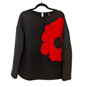 Black Red Floral Applique Top Womens L Oversized Minimalist Statement